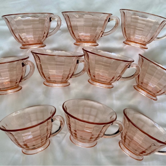 Depression Glass Pink Block Optic Teacups & Saucers - Picture 6 of 7